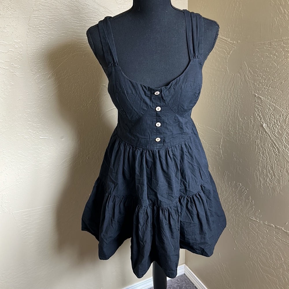 NWOT Black padded ruffle sundress with faux buttons